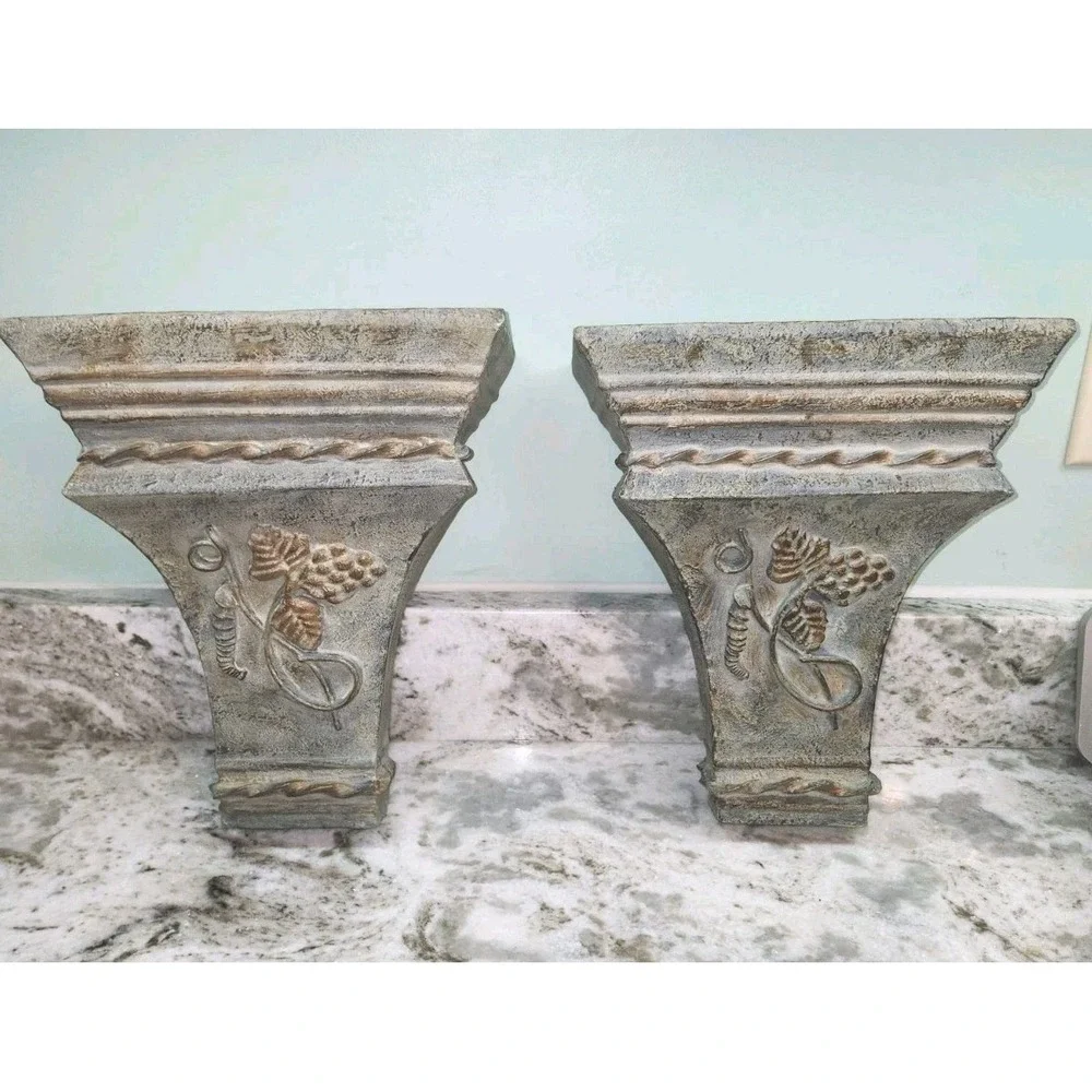 Set of 2 Rustic Wall Sconces Shelf Corbels Grapes Vineyard Green Heavy 12